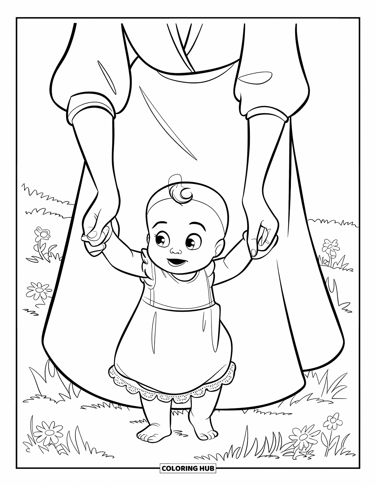 Baby Girl Coloring Page for Kids: A baby girl learns to walk with her motherís gentle support