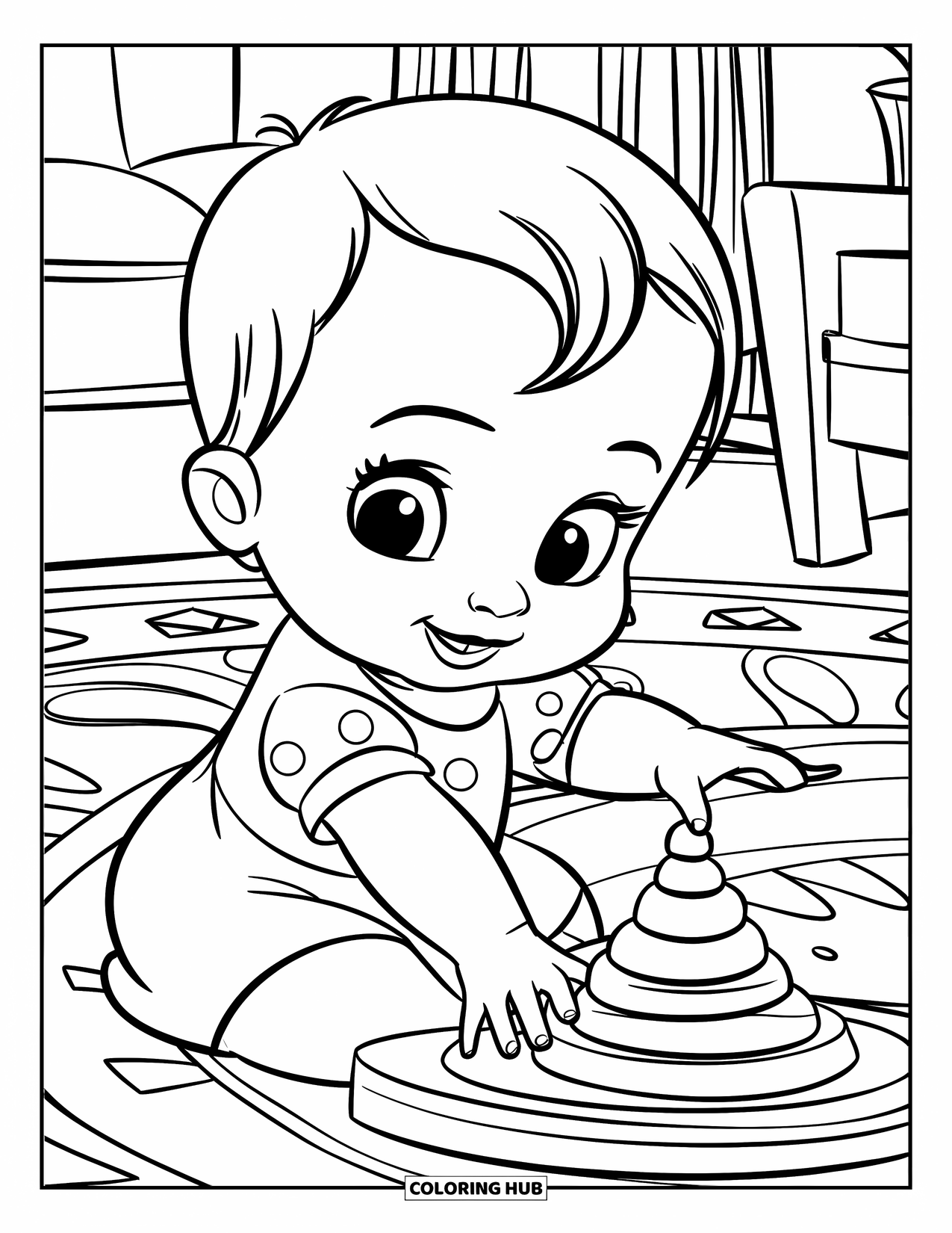 Baby Girl Coloring Page for Kids: A baby girl plays happily with stacking rings in a cozy room
