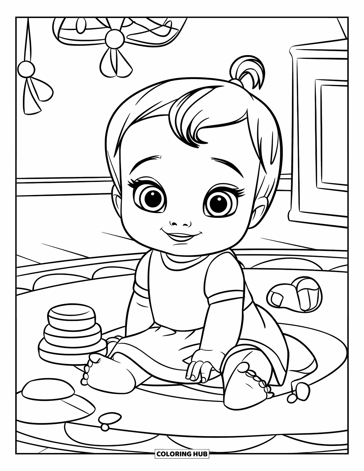 Baby Girl Coloring Page for Kids: A baby girl plays with stacking rings on a patterned nursery rug