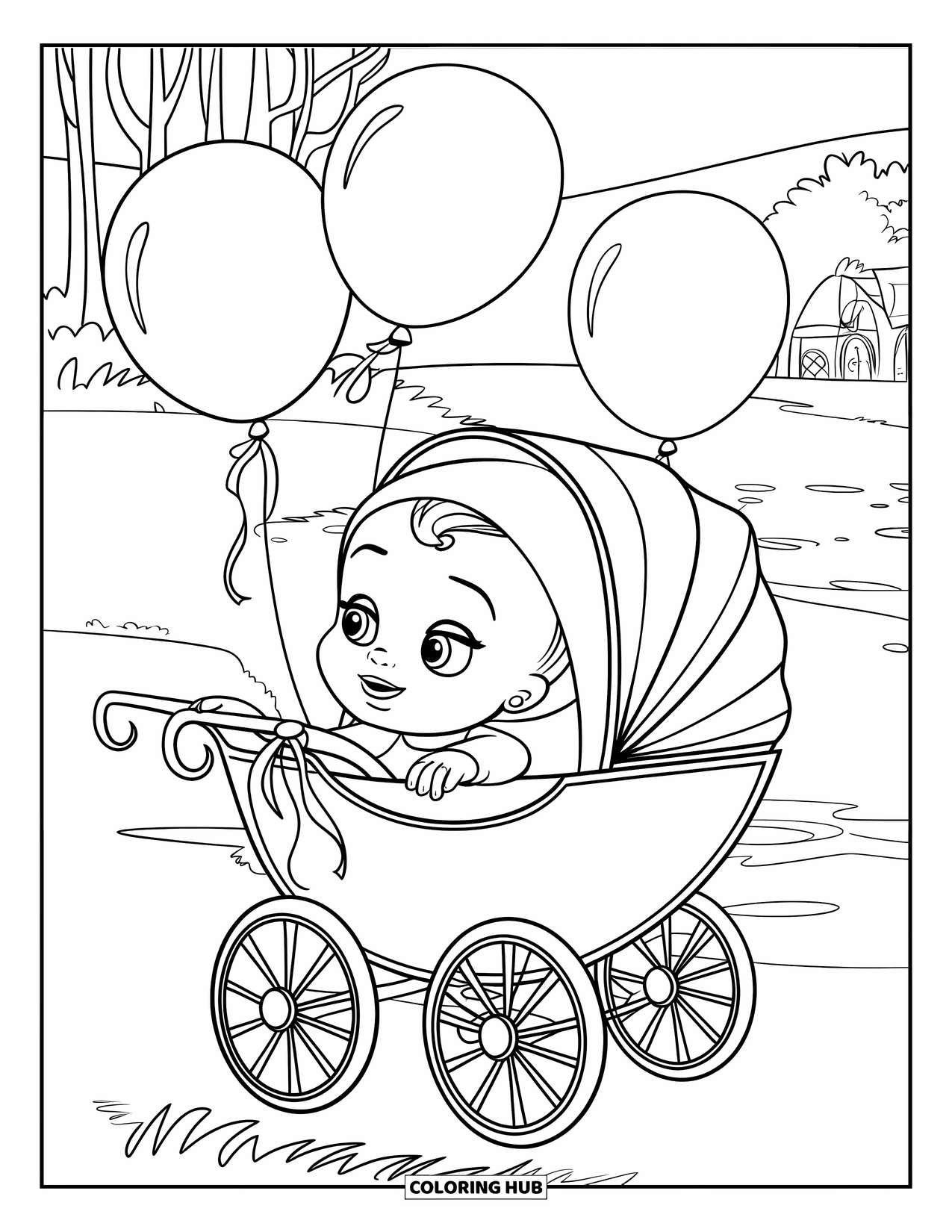 Baby Girl Coloring Page for Kids: A baby girl rides in a carriage decorated with balloons and ribbons