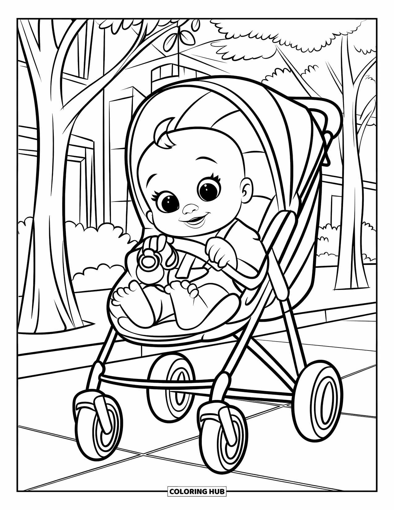 Baby Girl Coloring Page for Kids: A baby girl sits in a stroller holding her pacifier on a sidewalk