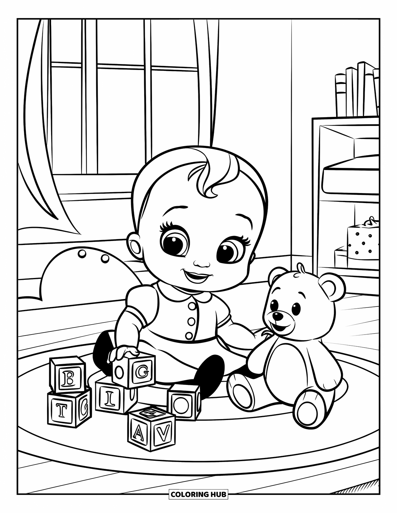 Baby Girl Coloring Page for Kids: A baby girl sits on a rug playing with blocks and a bear