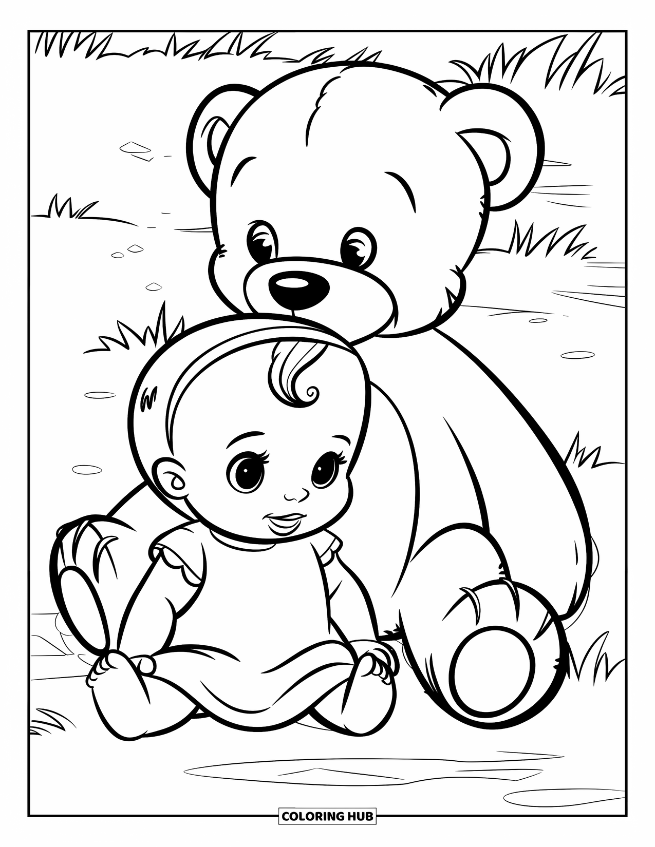 Baby Girl Coloring Page for Kids: A baby girl sits on the grass beside a large teddy bear