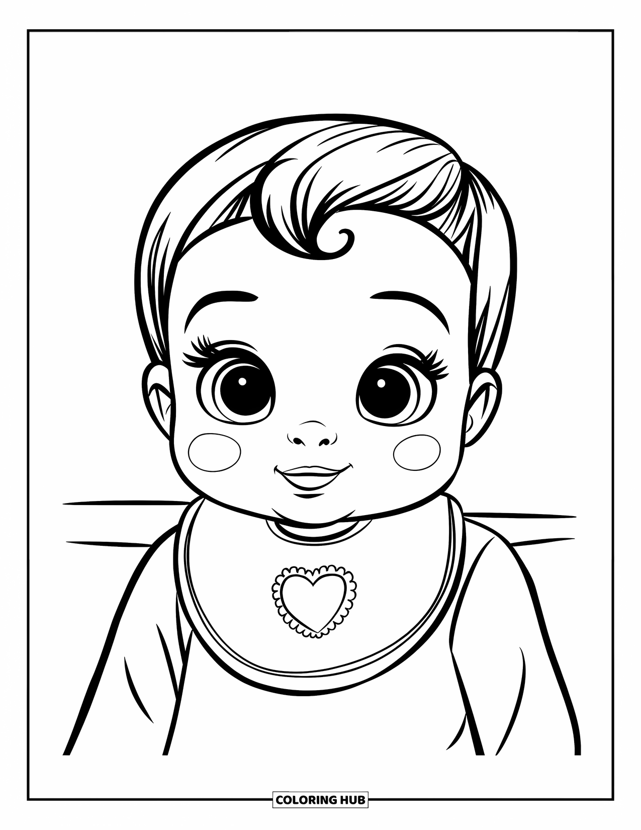 Baby Girl Coloring Page for Kids: A baby girl wearing a heart bib smiles sweetly in a white room