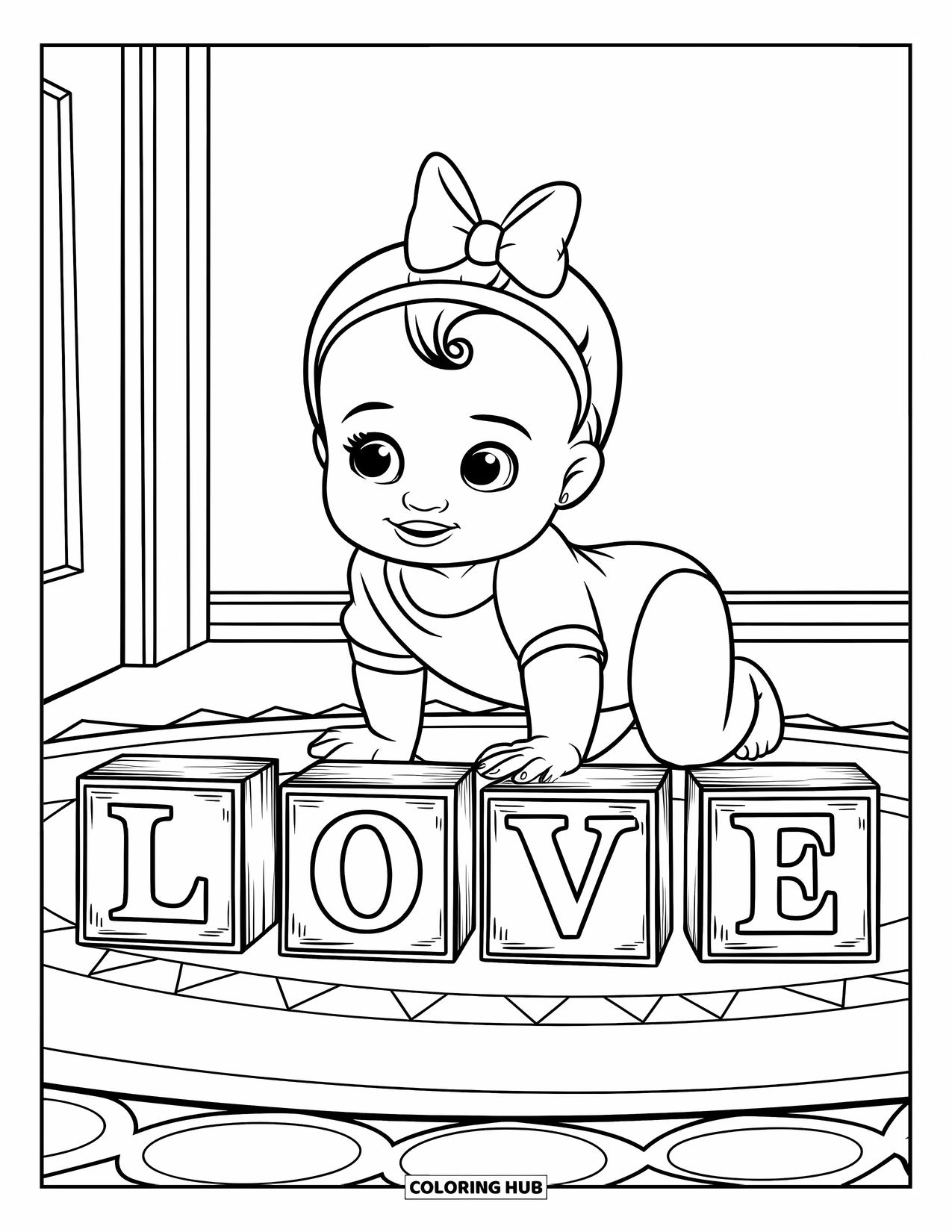 Baby Girl Coloring Page for Kids: A baby girl with a bow crawls beside rustic alphabet cubes