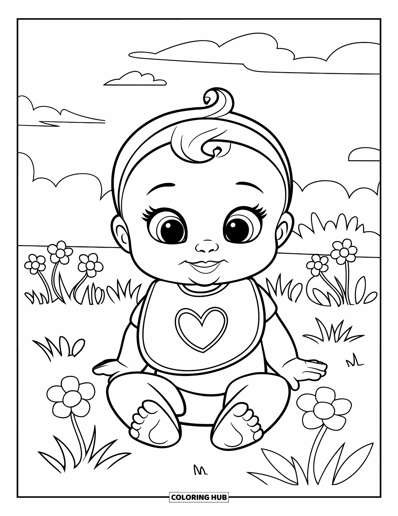 Baby Girl Coloring Page for Kids: A baby girl with a heart bib sits on grass surrounded by flowers