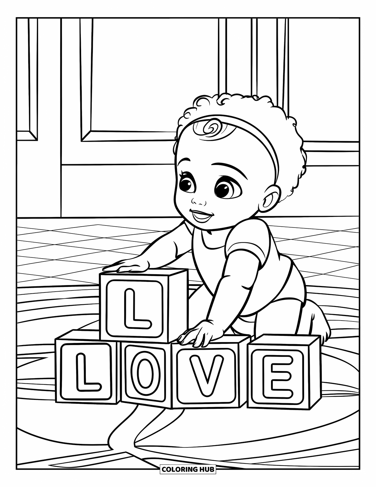 Baby Girl Coloring Page for Kids: A curly-haired baby girl crawls near cubes that spell ìLOVE.î