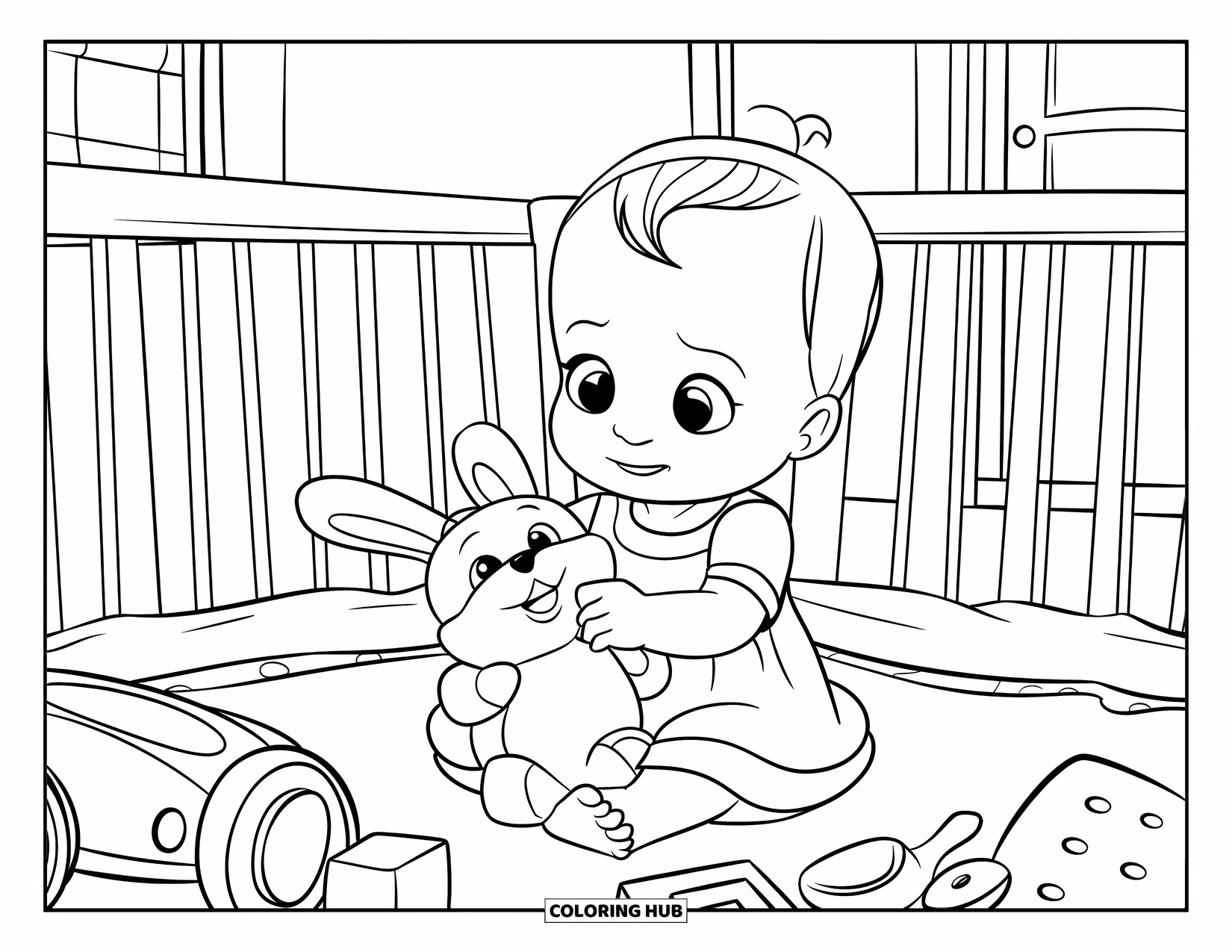 Baby Girl Coloring Page for Kids: A smiling baby girl holds a toy bunny inside her playpen