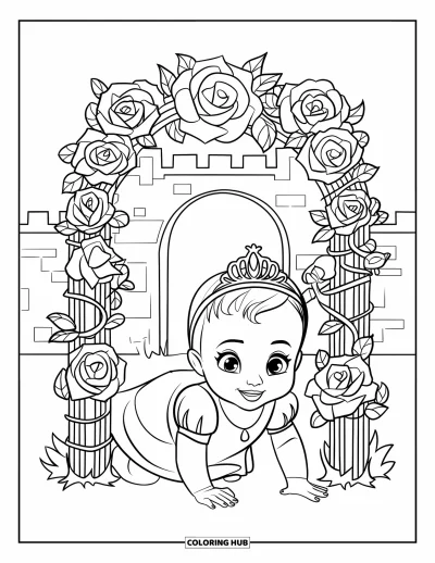 Coloriage de bébé princesse pour adultes : Une bébé princesse rampe sous une arche couverte de roses près d'un château