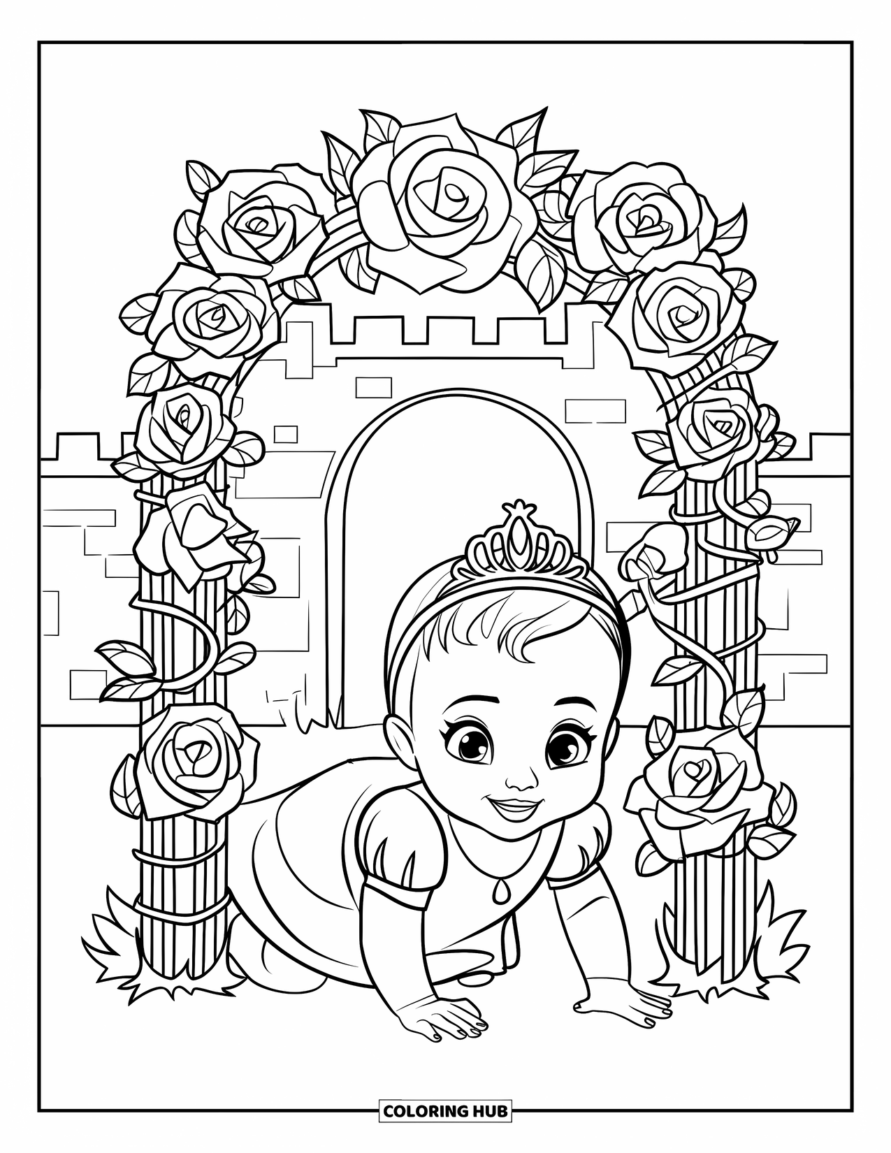 Baby Princess Coloring Page for Adults: A baby princess crawls beneath a rose-covered archway near a castle