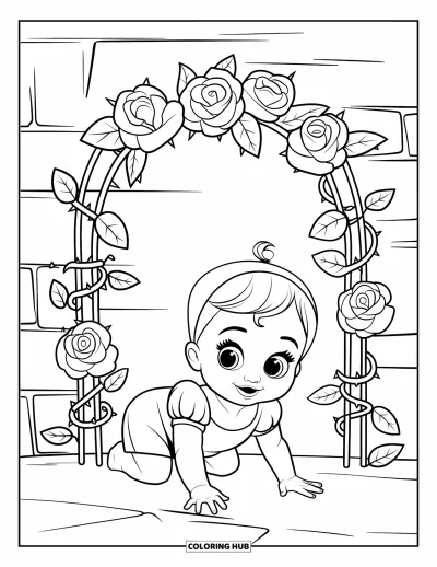 Coloriage de bébé princesse pour adultes : Une bébé princesse rampe sous une arche de roses et de vignes entrelacées