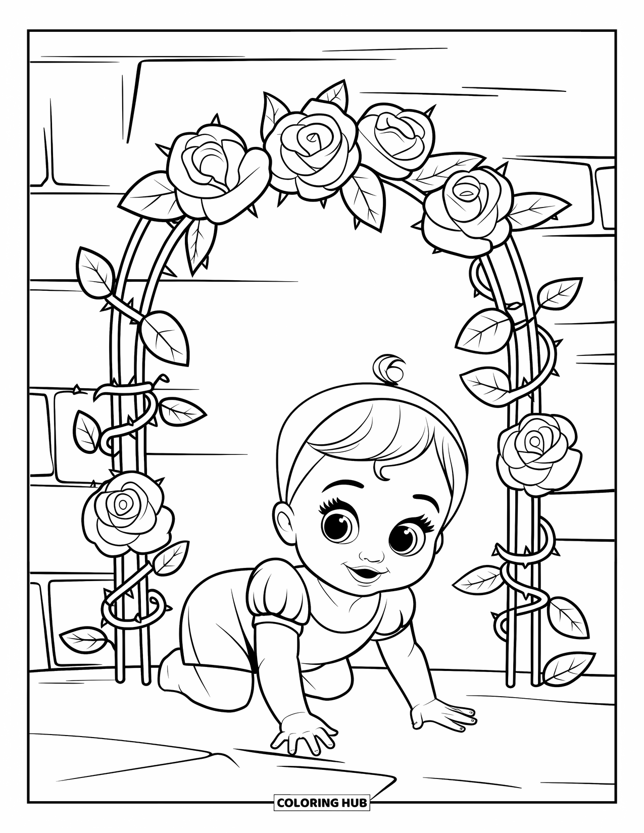 Baby Princess Coloring Page for Adults: A baby princess crawls beneath an arch of roses and twisting vines
