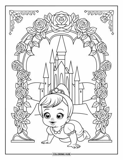 Coloriage de bébé princesse pour adultes : Une bébé princesse rampe sous une arche symétrique de roses et de feuilles