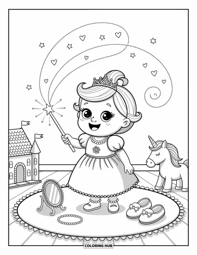 Coloriage de bébé princesse pour adultes : Une bébé princesse crée des étoiles et des cœurs avec sa baguette lumineuse