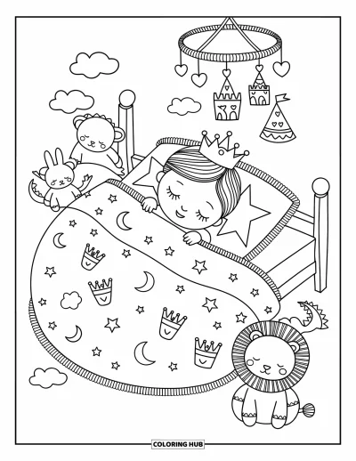 Coloriage de bébé princesse pour adultes : Une bébé princesse rêve paisiblement entourée de ses peluches