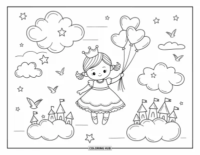 Coloriage de bébé princesse pour adultes : Une bébé princesse flotte parmi des châteaux dans les nuages en tenant des ballons en forme de cœur