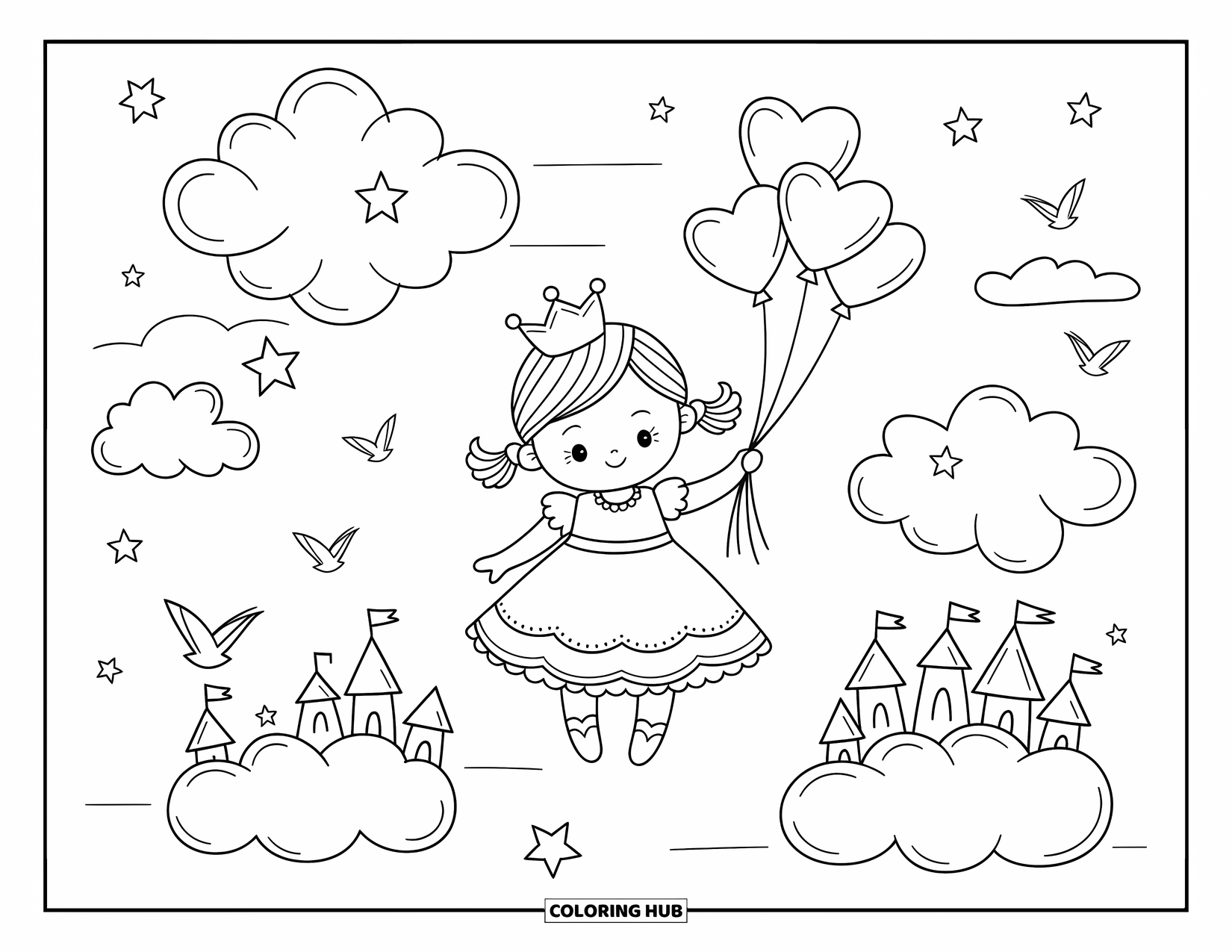 Baby Princess Coloring Page for Adults: A baby princess floats among castles in the clouds holding heart balloons