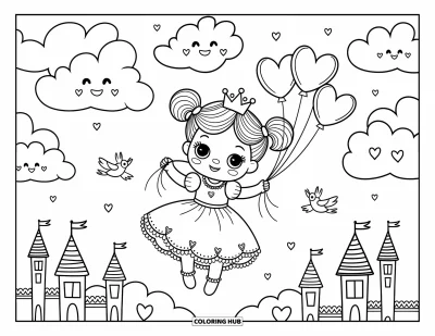 Coloriage de bébé princesse pour adultes : Une bébé princesse vole dans le ciel en tenant des ballons en forme de cœur parmi les nuages