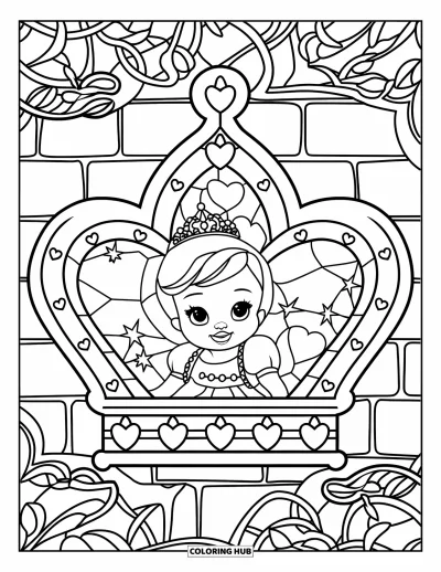 Coloriage de bébé princesse pour adultes : Une bébé princesse encadrée par des vitraux ornés de cœurs et de fleurs