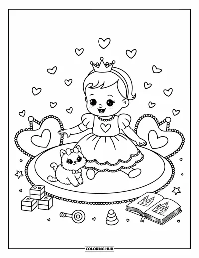 Coloriage de bébé princesse pour adultes : Une bébé princesse rigole en voyant un chaton avec un nœud s'approcher d'elle