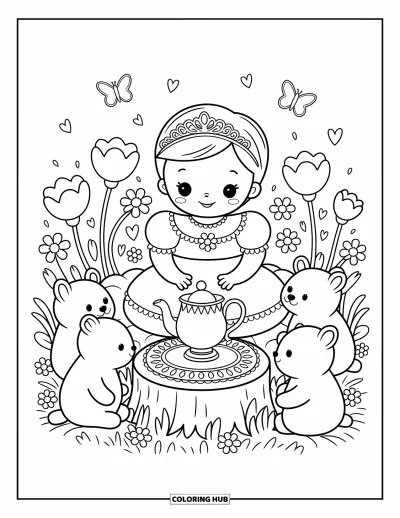 Coloriage de bébé princesse pour adultes : Une bébé princesse organise un goûter avec ses peluches