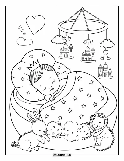 Coloriage de bébé princesse pour adultes : Une bébé princesse fait la sieste entourée de jouets en peluche sous une couverture lune et étoiles