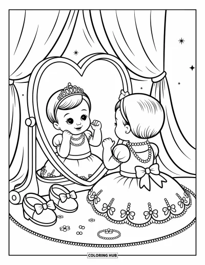 Coloriage de bébé princesse pour adultes : Une bébé princesse joue à se déguiser avec des colliers et des nœuds devant son miroir