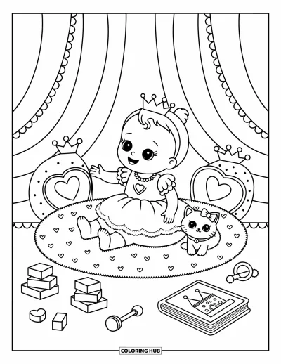 Coloriage de bébé princesse pour adultes : Une bébé princesse joue joyeusement avec son chaton entourée de jouets