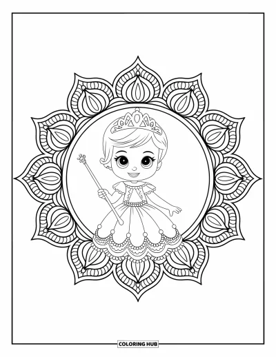 Coloriage de bébé princesse pour adultes : Une bébé princesse pose royalement dans un cadre de mandala rempli de roses