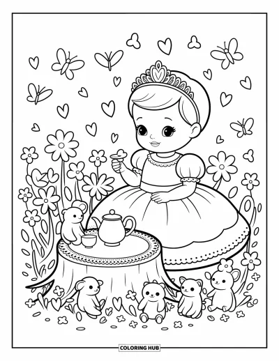 Coloriage de bébé princesse pour adultes : Une bébé princesse sert le thé à ses peluches dans un jardin en fleurs
