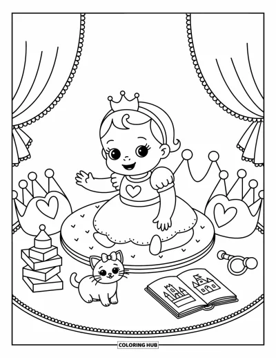 Coloriage de bébé princesse pour adultes : Une bébé princesse tend la main pour jouer avec un chaton sur le tapis de sa chambre
