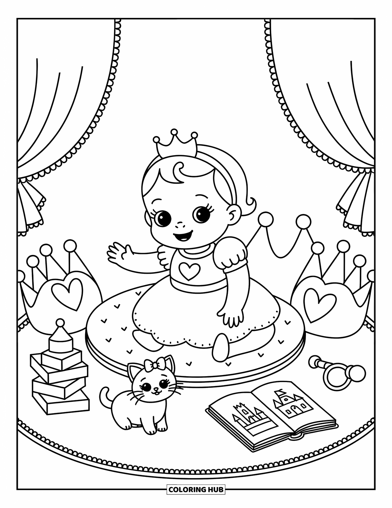 Baby Princess Coloring Page for Adults: A baby princess reaches out to play with a kitten on her nursery rug