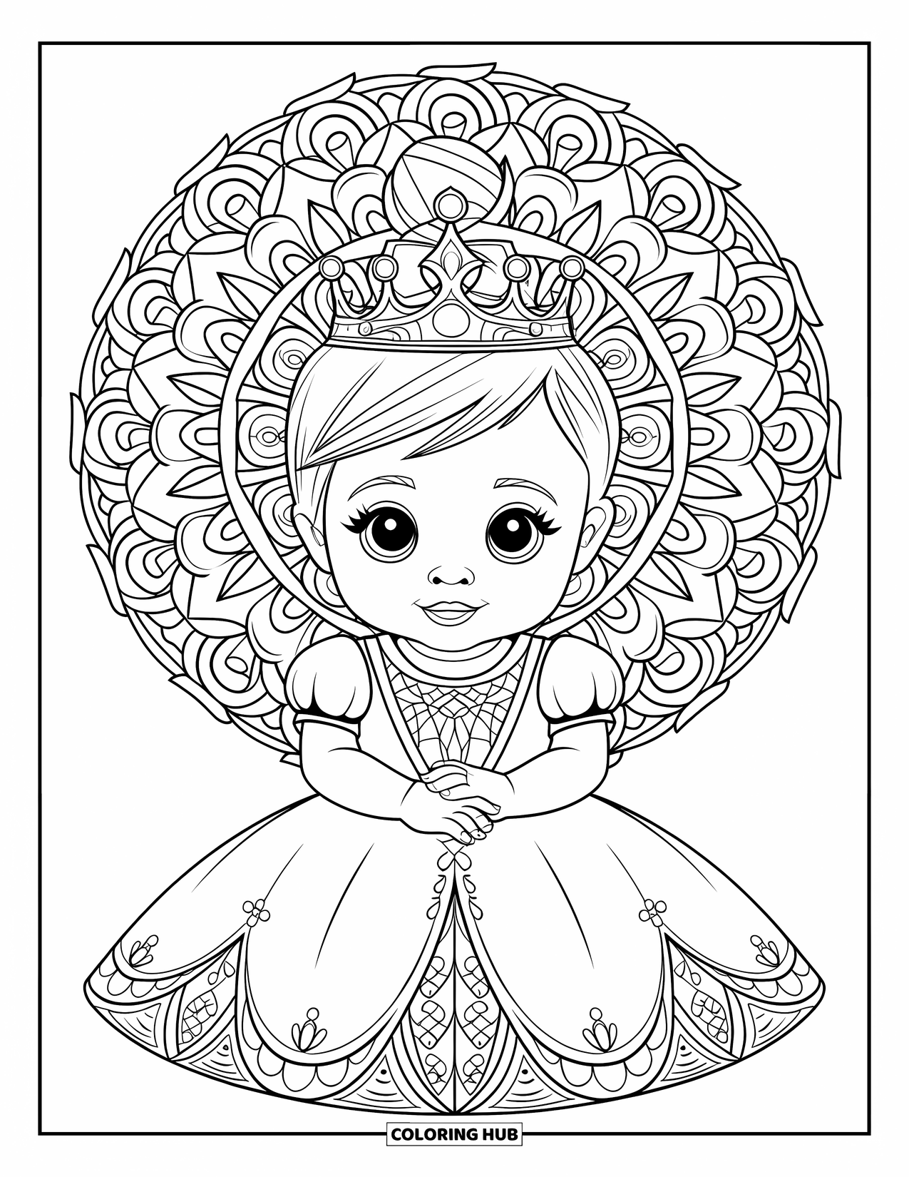 Baby Princess Coloring Page for Adults: A baby princess sits gracefully within a mandala of roses and leaves