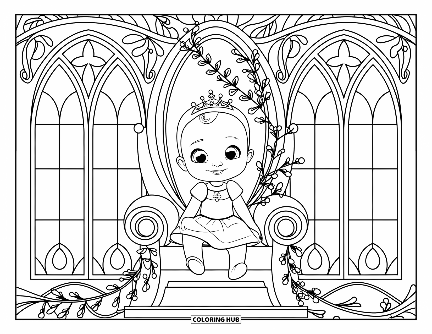 Baby Princess Coloring Page for Adults: A baby princess sits on a throne surrounded by swirling gothic vines