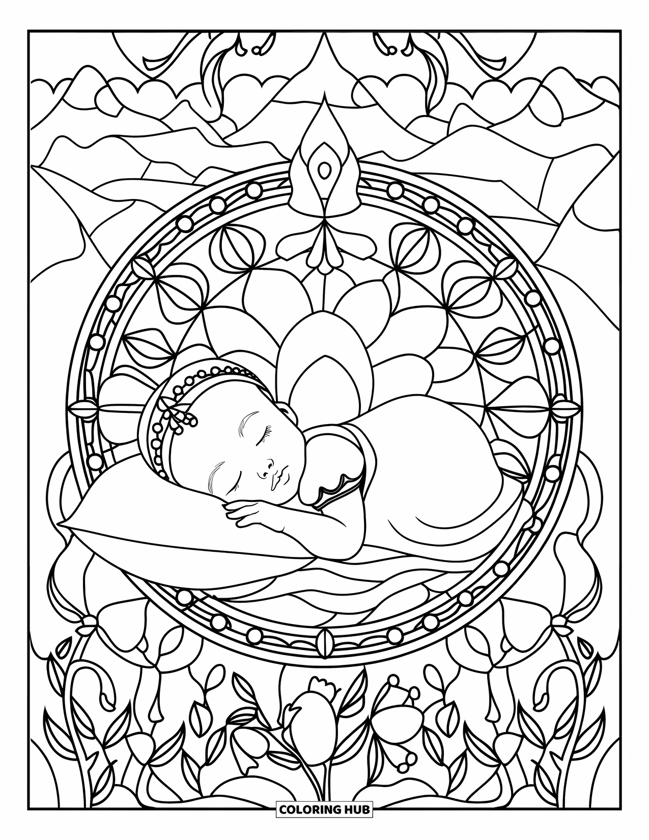 Baby Princess Coloring Page for Adults: A baby princess sleeps peacefully surrounded by vines and stained glass