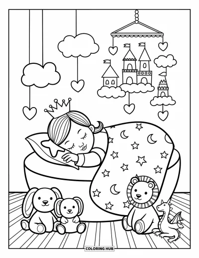 Coloriage de bébé princesse pour adultes : Une bébé princesse s'endort paisiblement avec son oreiller étoilé et sa couronne de travers