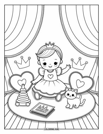 Coloriage de bébé princesse pour adultes : Une bébé princesse sourit à son chaton en étant assise parmi ses coussins