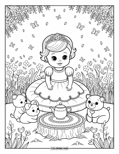 Coloriage de bébé princesse pour adultes : Une bébé princesse sourit lors de son goûter imaginaire avec ses peluches animales