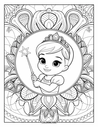 Coloriage de bébé princesse pour adultes : Une bébé princesse souriante avec sa baguette encadrée par une dentelle botanique