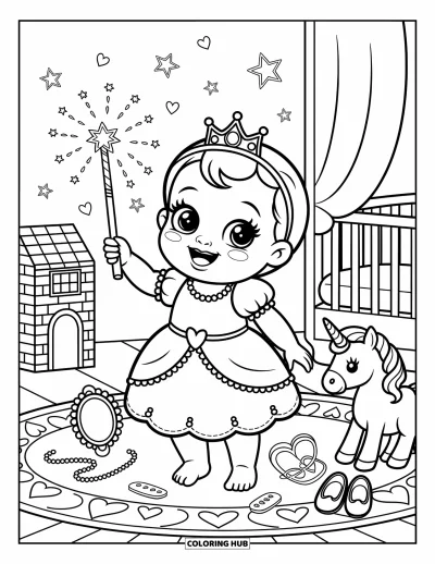 Coloriage de bébé princesse pour adultes : Une bébé princesse agite sa baguette pendant que des étoiles et des cœurs tourbillonnent autour d'elle