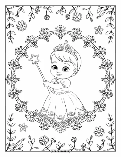 Coloriage de bébé princesse pour adultes : Une bébé princesse avec sa baguette magique parmi des vignes et des fleurs