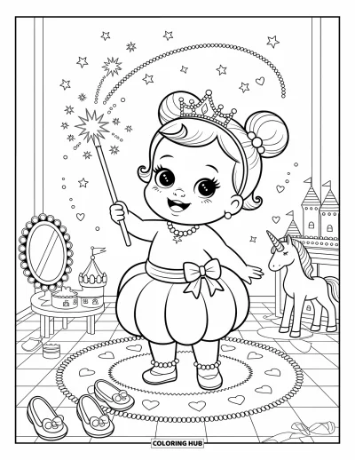 Coloriage de bébé princesse pour adultes : Une princesse joyeuse fait de la magie pendant que ses jouets la regardent émerveillés