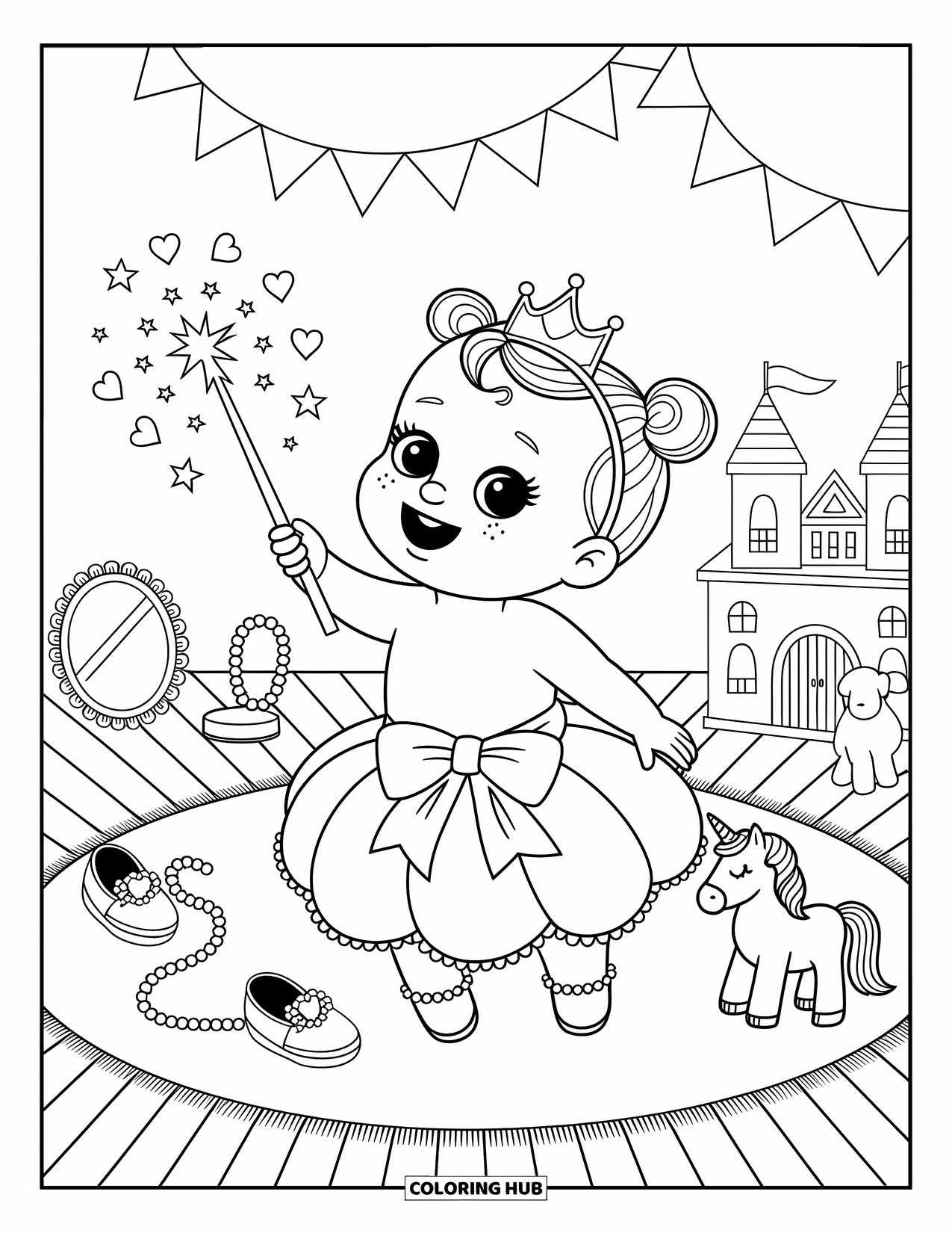 Baby Princess Coloring Page for Adults: A happy princess sparkles magic with her wand inside her cozy nursery