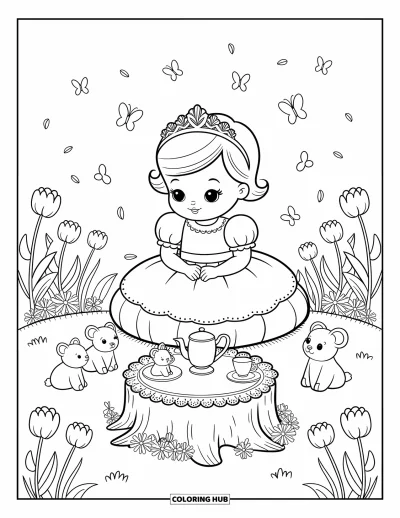 Coloriage de bébé princesse pour adultes : Une princesse prend le thé avec ses peluches parmi des papillons et des fleurs