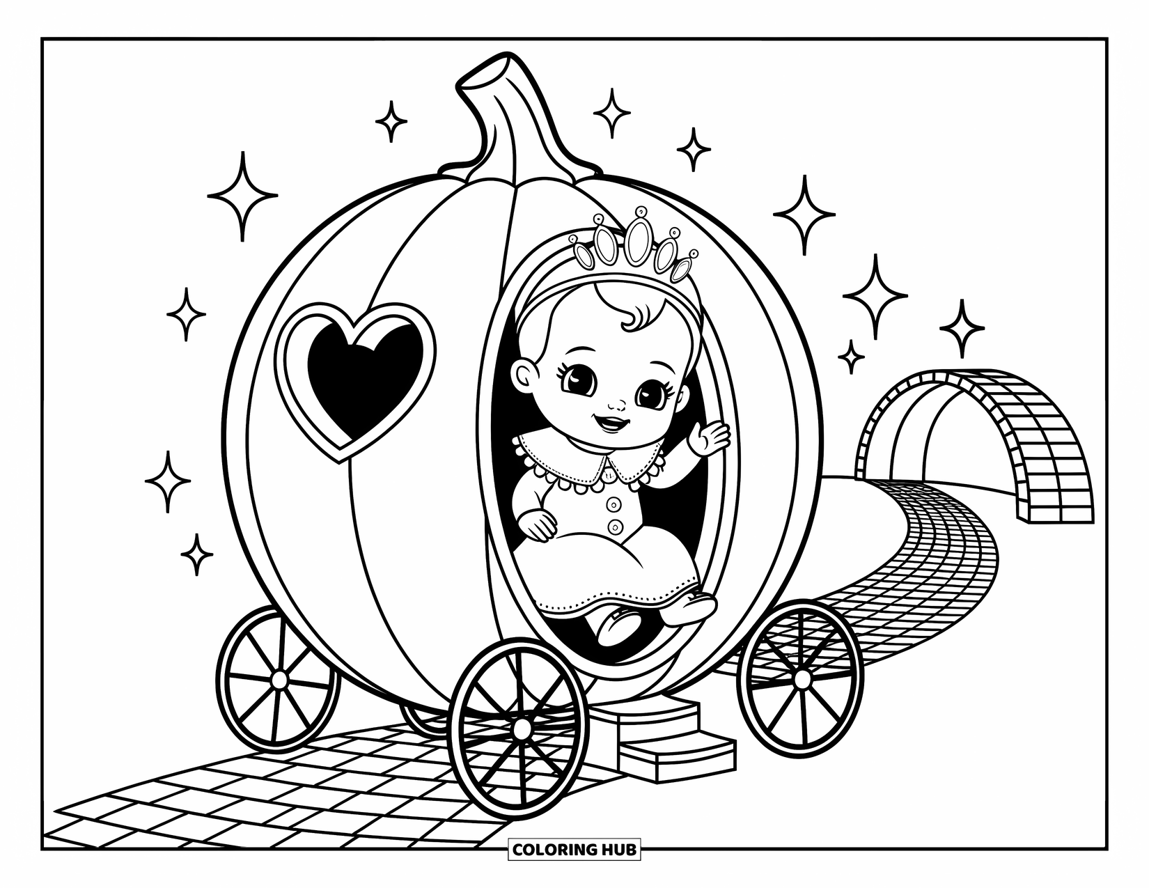 Baby Princess Coloring Page for Adults: A princess waves sweetly from her pumpkin carriage along a bridge path