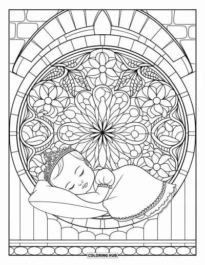 Coloriage de bébé princesse pour adultes : Une bébé princesse endormie se repose sous une rosace circulaire en vitrail fleuri