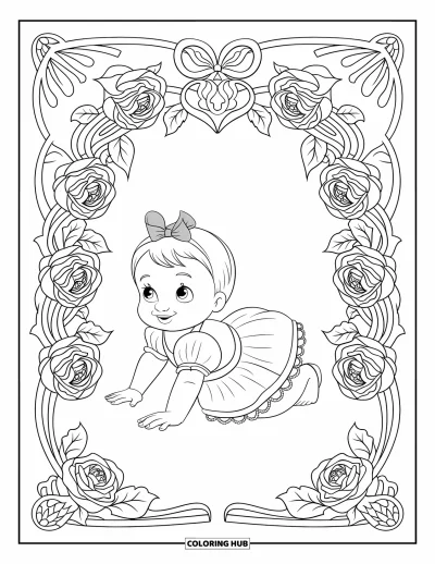Coloriage de bébé princesse pour adultes : Une toute petite princesse rampe sous une arche détaillée de roses et de vignes