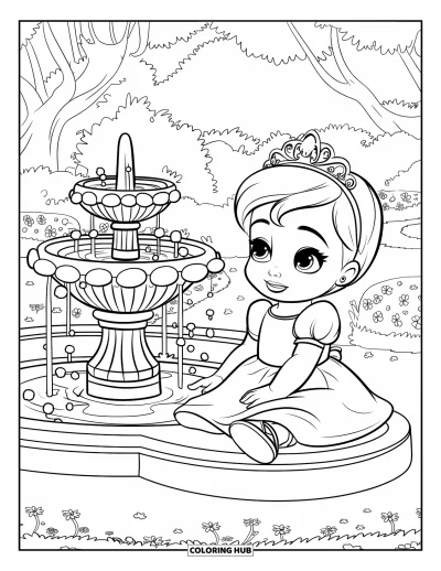 Coloriage de bébé princesse pour enfants : Une bébé princesse admire une fontaine féerique dans un jardin paisible