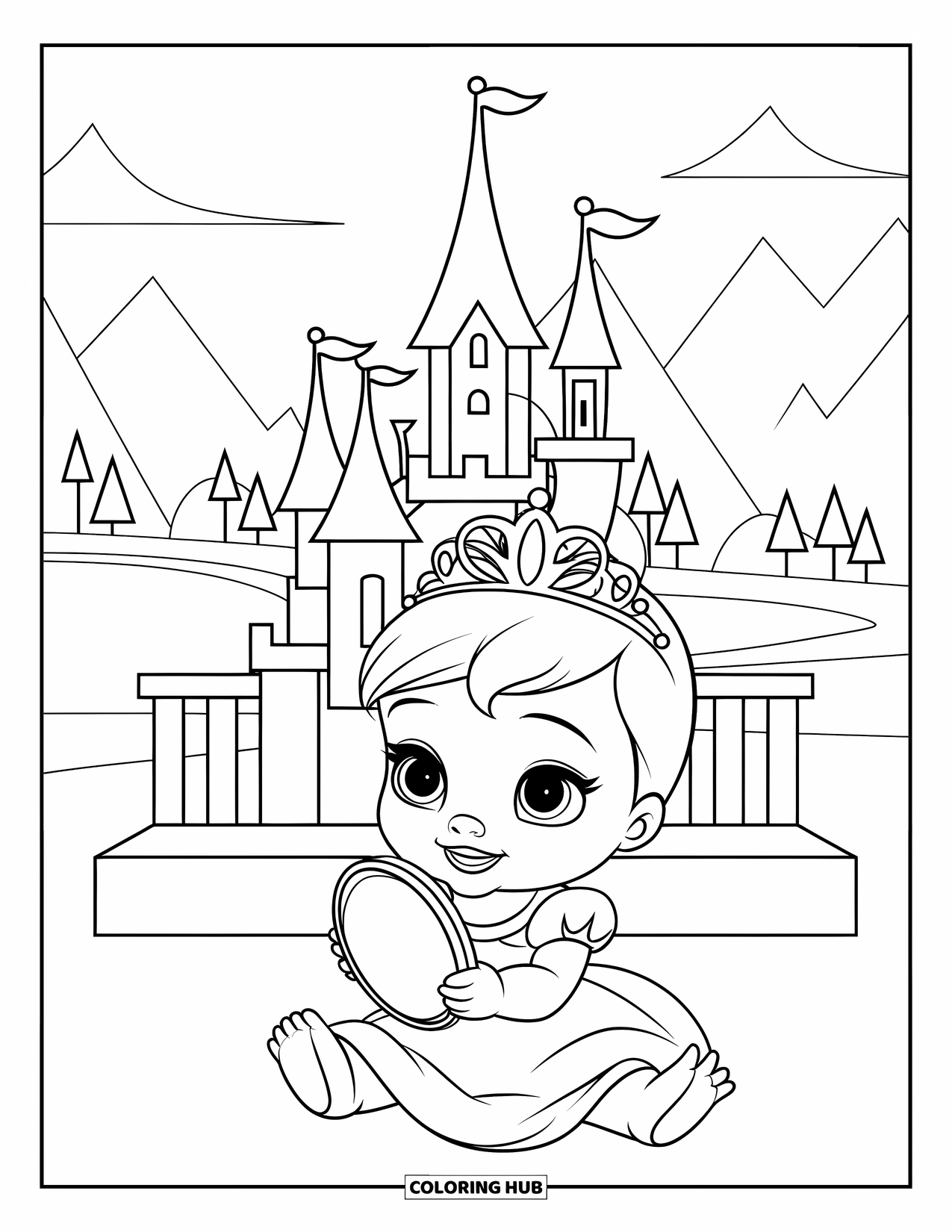 Baby Princess Coloring Page for Kids: A baby princess admires her reflection beside a tiny castle