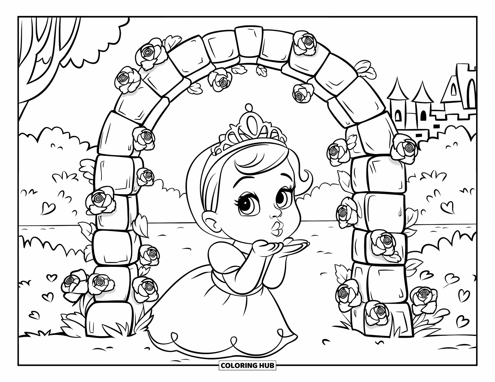 Baby Princess Coloring Page for Kids: A baby princess blows kisses near a rose-covered garden archway